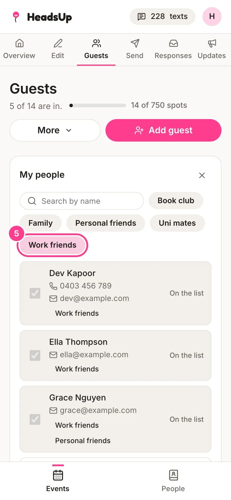 The My people picker on an event’s Guests screen with the Work friends group circled