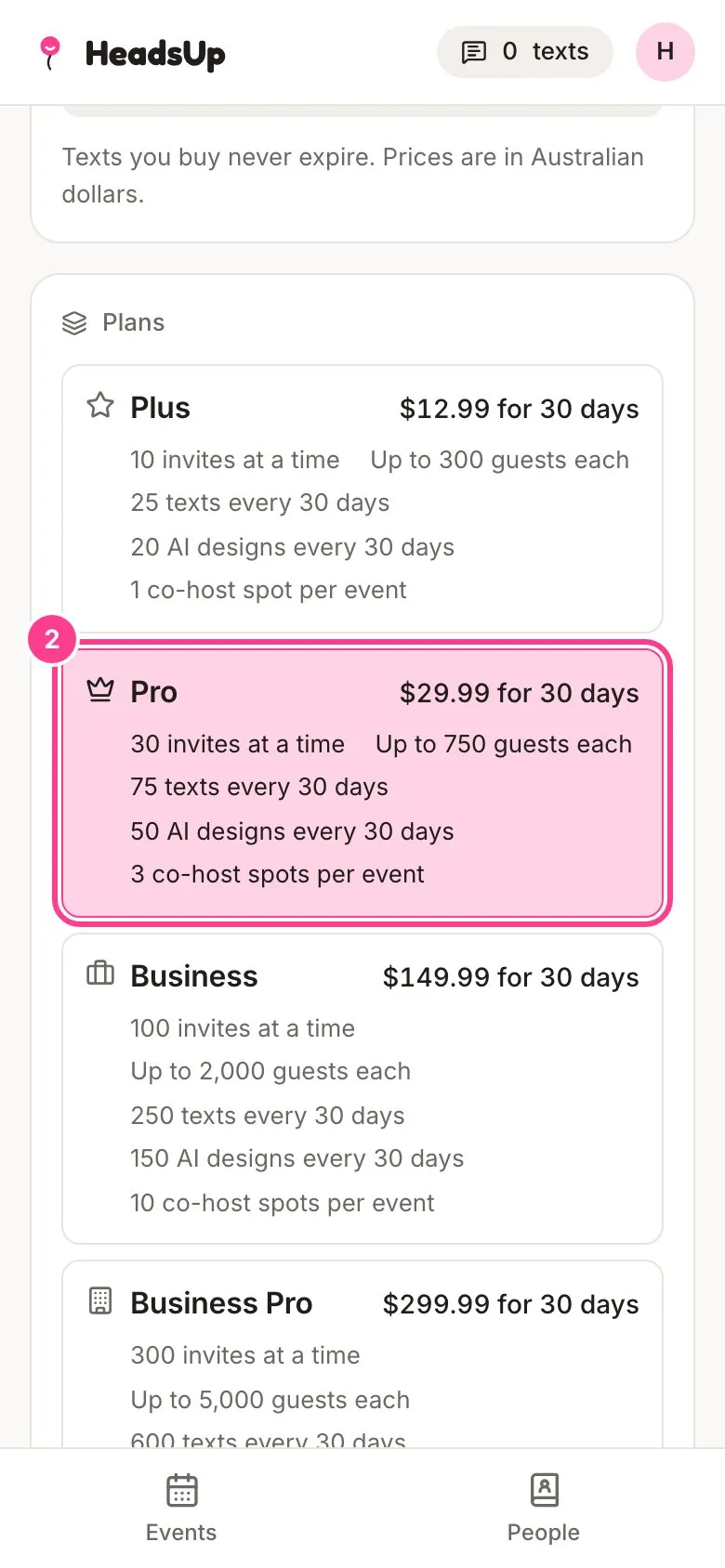 The Plans card with the Pro plan picked and circled