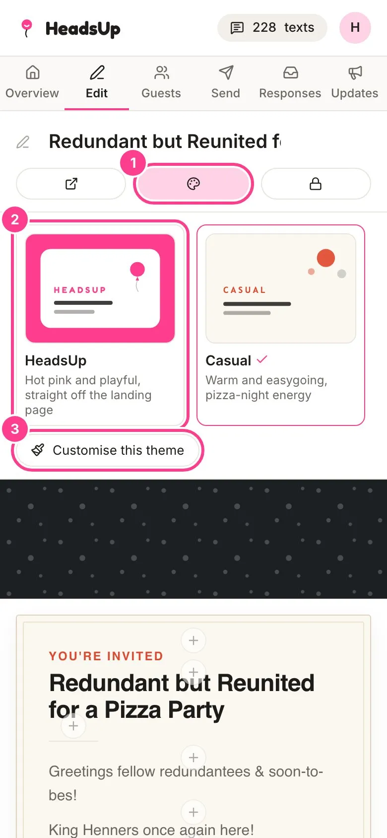 The theme row open under the editor bar, with the Theme button as 1, the HeadsUp theme as 2 and Customise this theme as 3