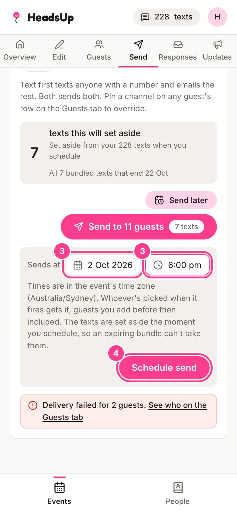 Picking 2 October at 6:00 pm, with the date, time and Schedule send button circled