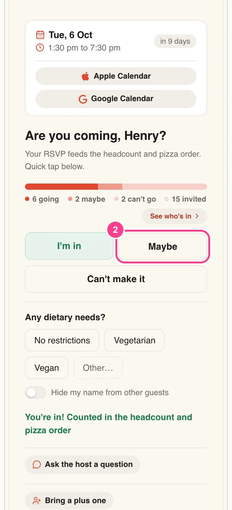 The reply card with I’m in highlighted and the Maybe button circled