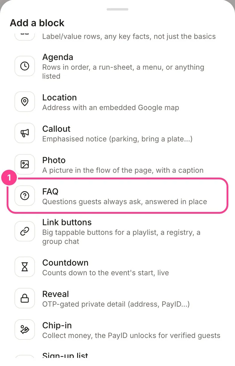 The block list with FAQ circled