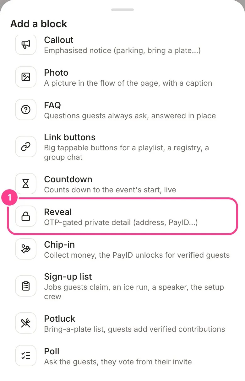 The block list with Reveal circled