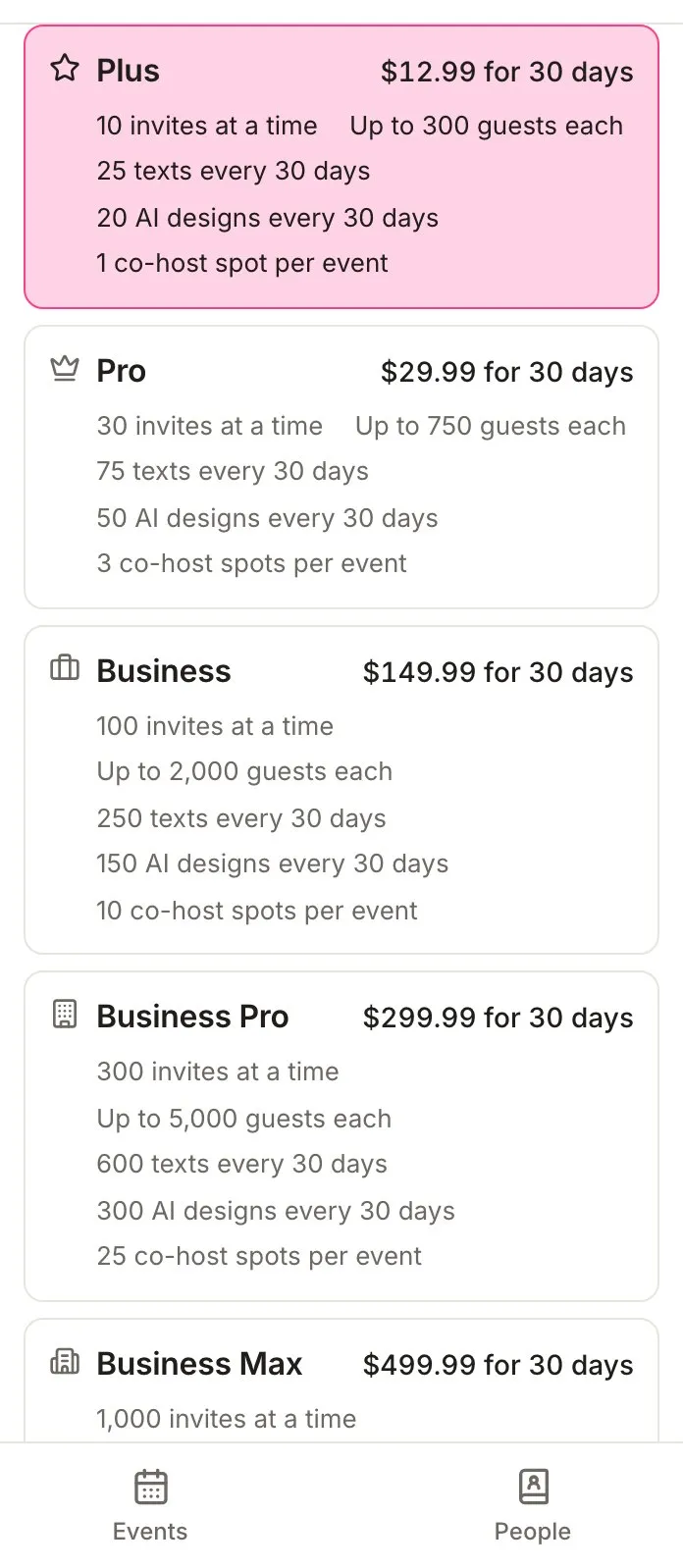 The Plans card on the Plan tab, listing Plus, Pro, Business and Business Pro with their limits and prices