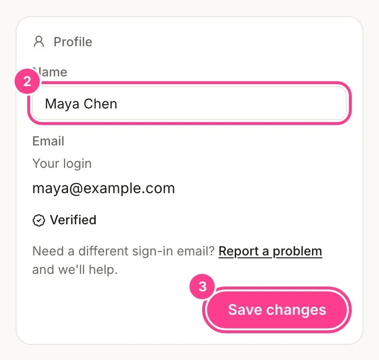 The Profile card with the Name field and the Save changes button circled