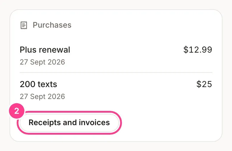 The Purchases card listing a Plus renewal for $12.99 and 200 texts for $25, with the Receipts and invoices button circled