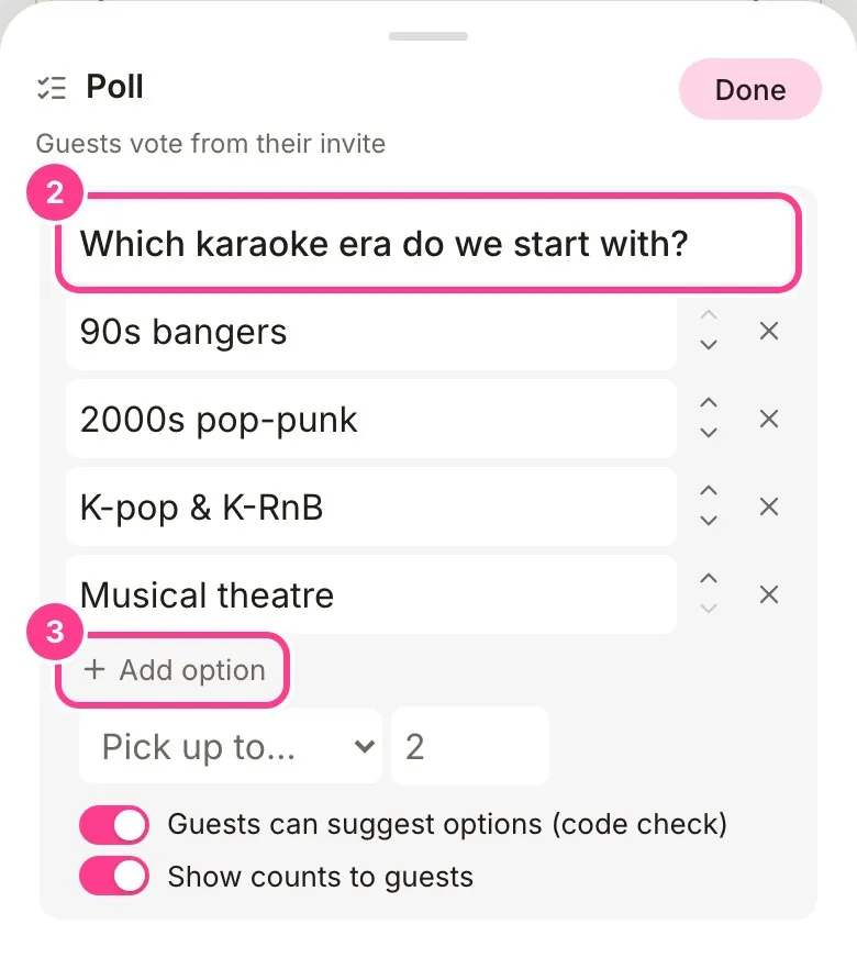 The Poll sheet with the question and the Add option button circled