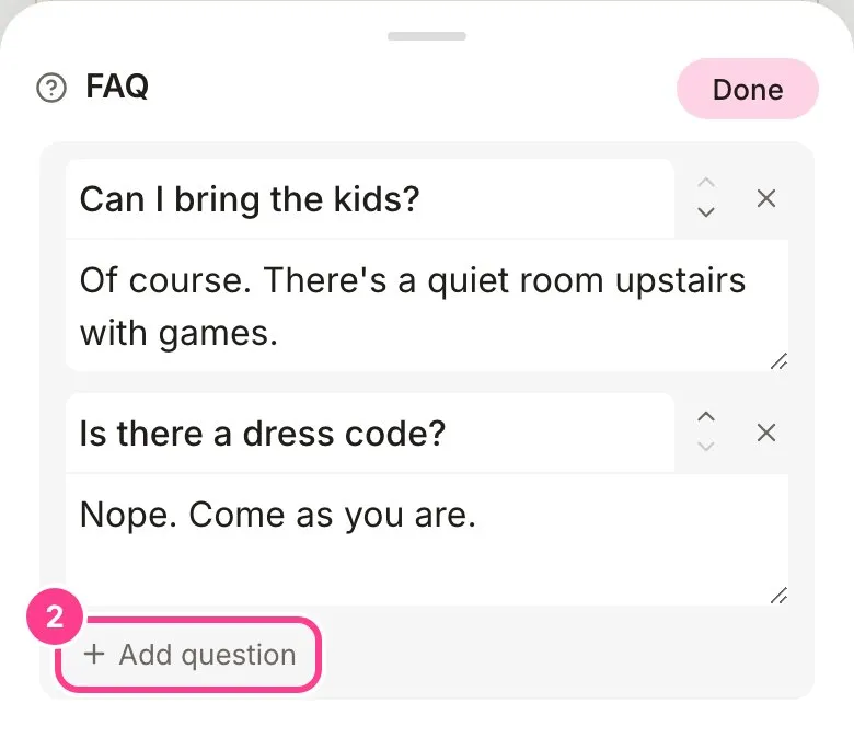 The FAQ sheet with two questions answered and the Add question button circled