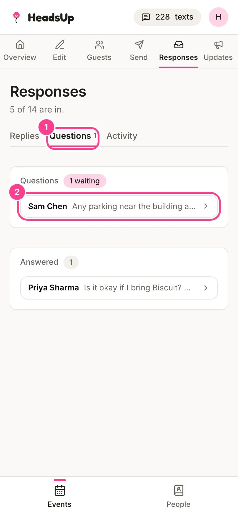 The Questions tab with a waiting question circled