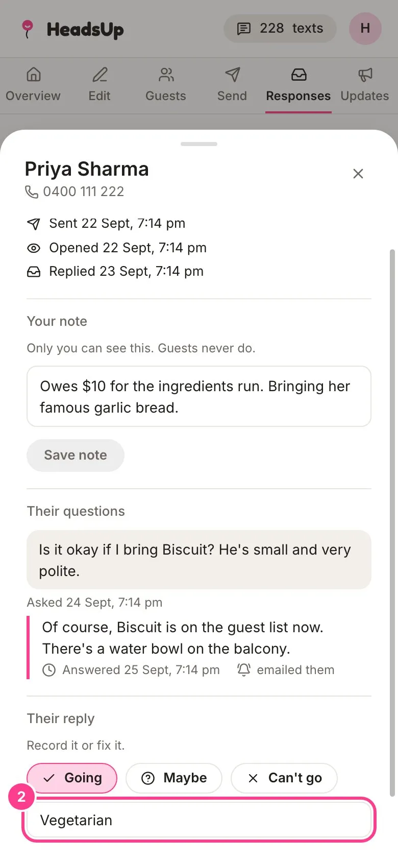 A guest’s details with the dietary note circled