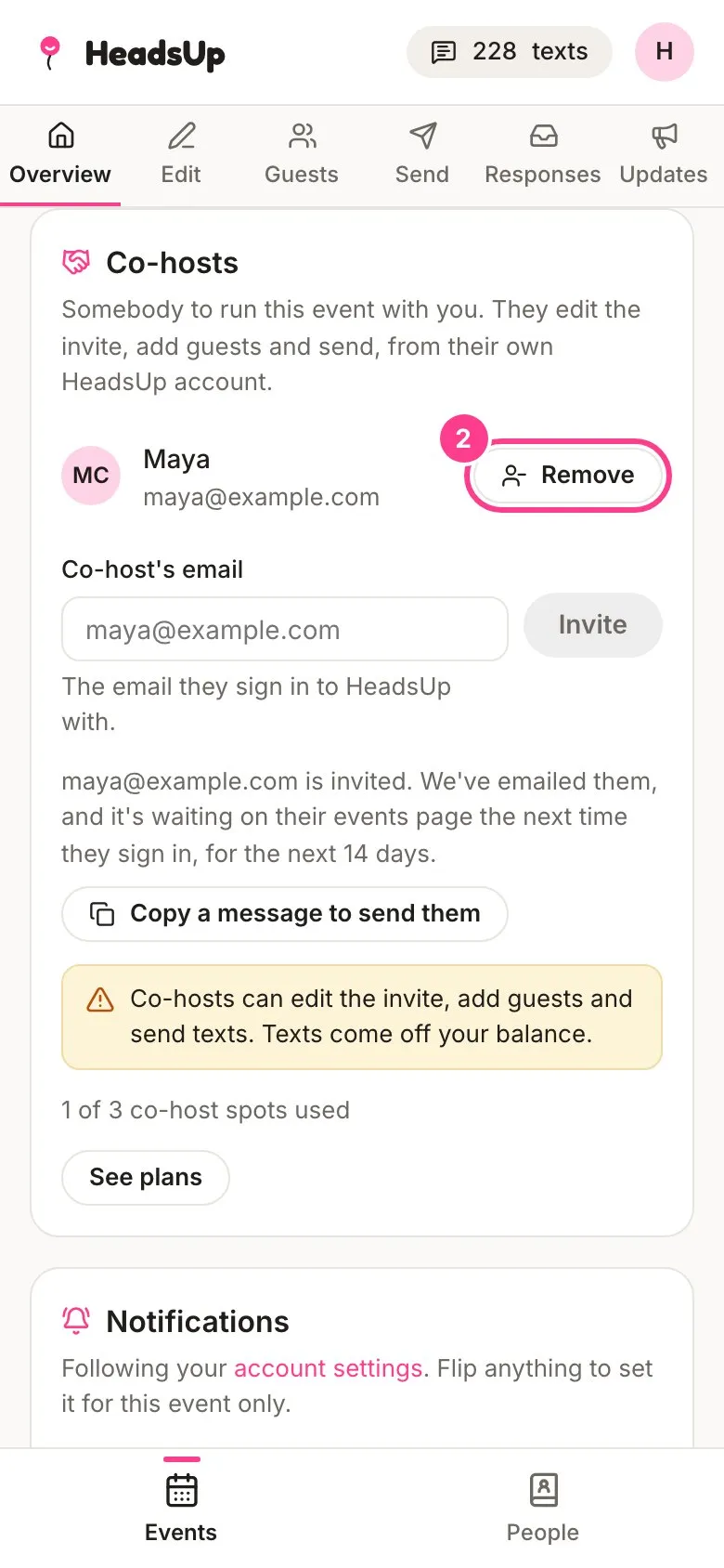 The Co-hosts card with the Remove button circled