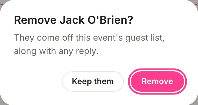 Confirming the removal of a guest, with the Remove button circled
