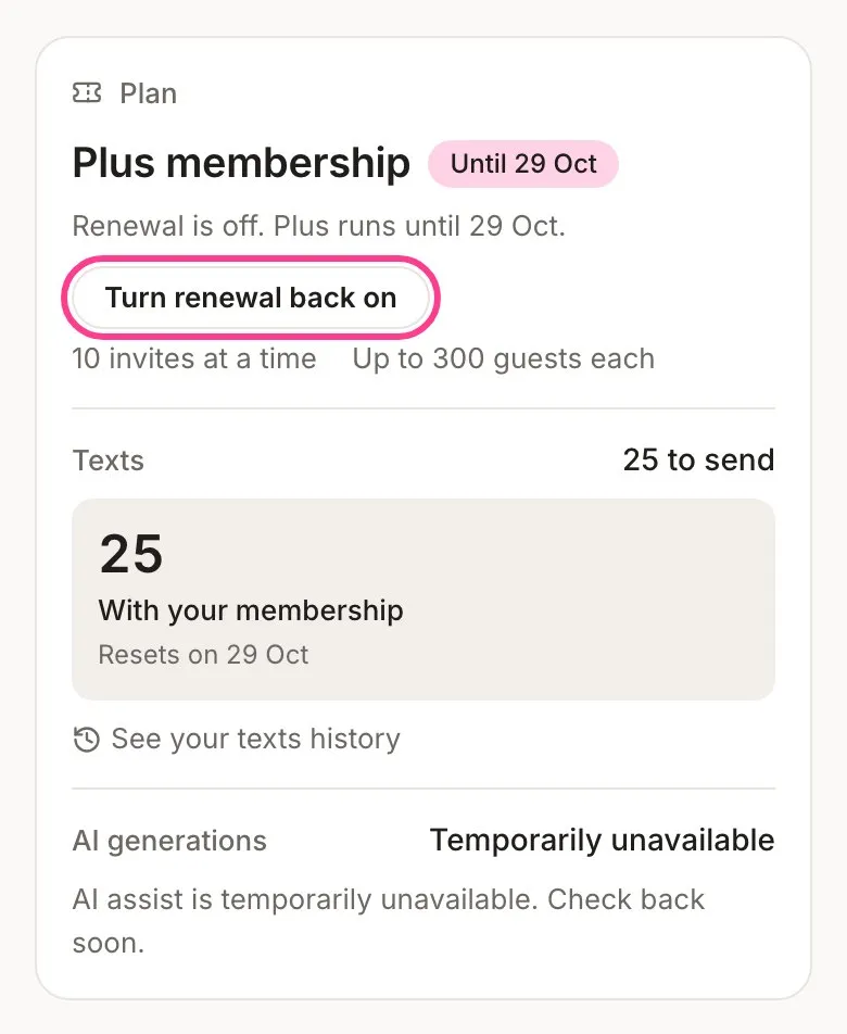 The Plan card saying Renewal is off, Plus runs until 29 Oct, with the Turn renewal back on button circled