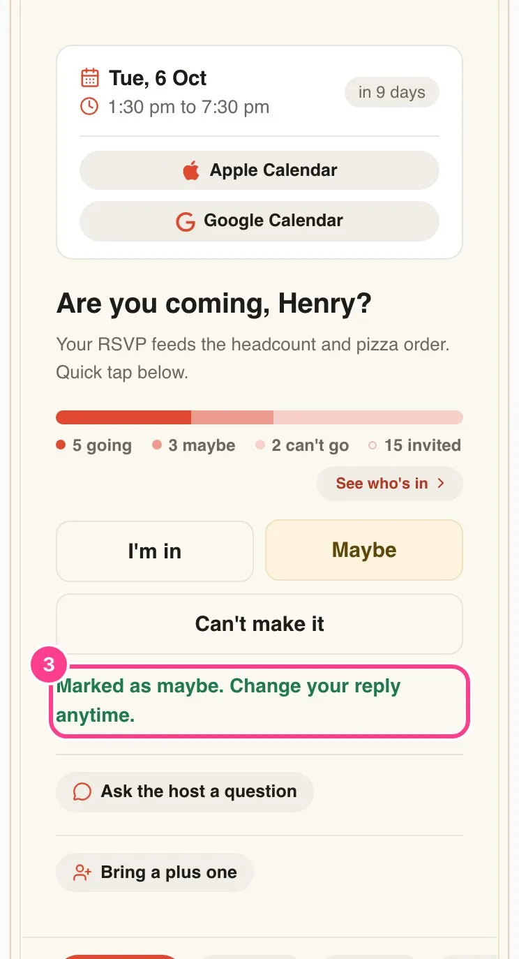 The reply card with Maybe now highlighted and the confirmation note circled