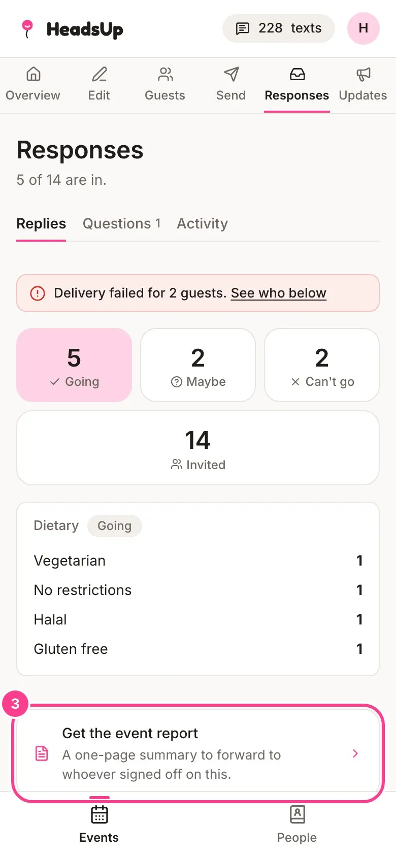 The Responses screen with the Get the event report card circled
