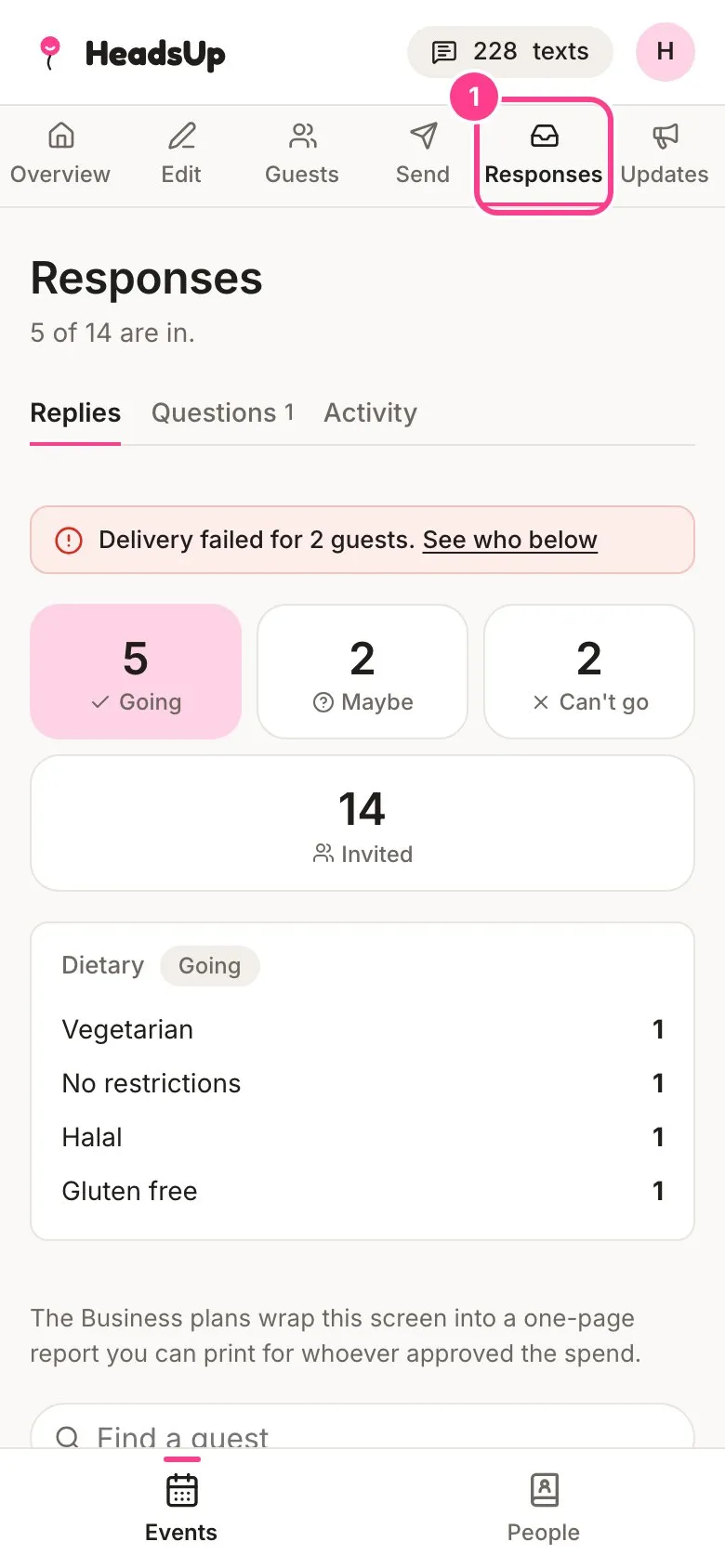 The Responses screen with the Responses tab circled
