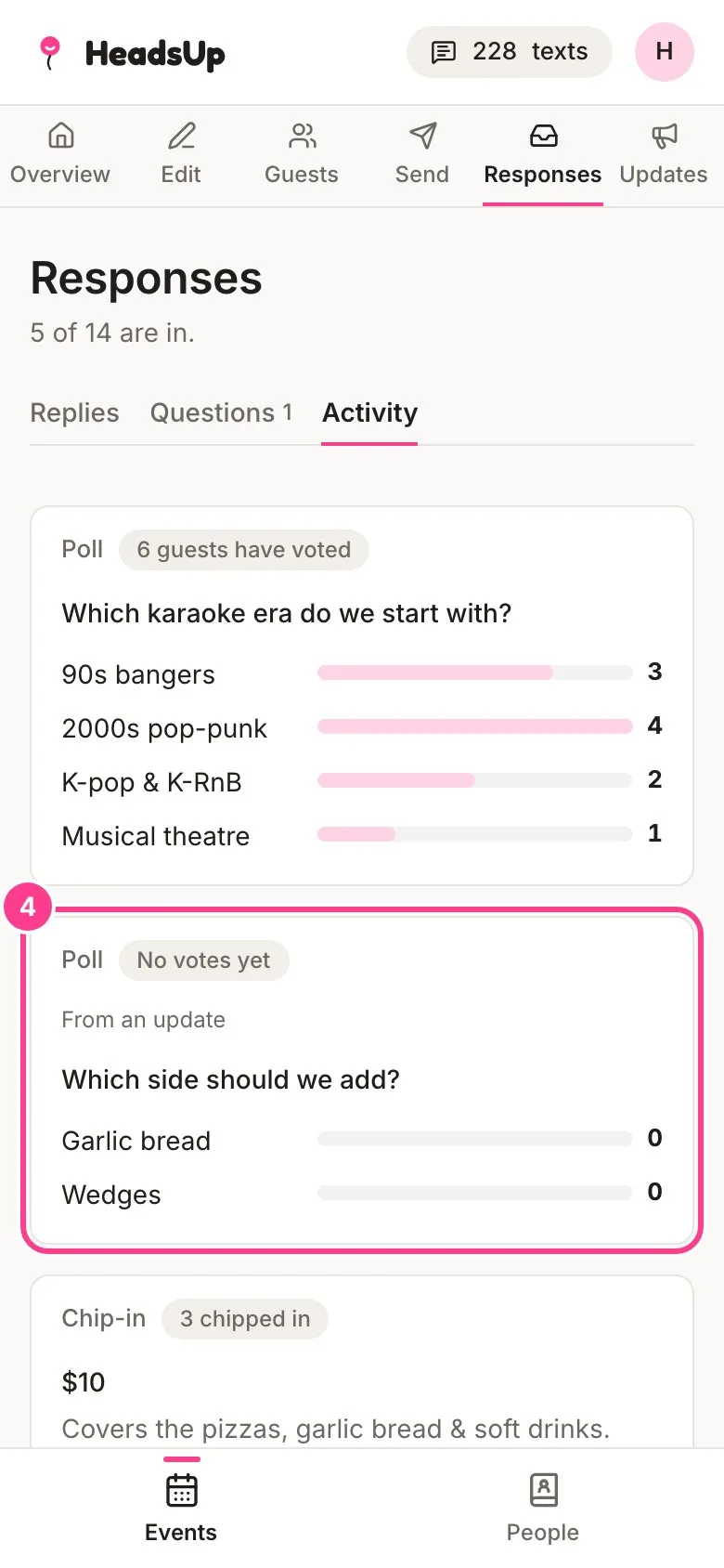 The Activity tab with the update’s poll card circled