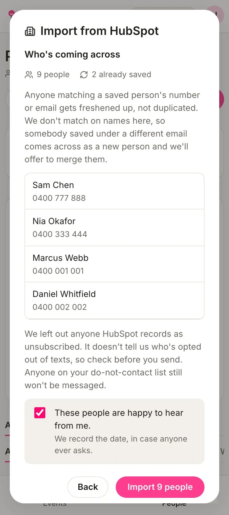 The review step listing who’s coming across, with These people are happy to hear from me ticked and the Import 9 people button