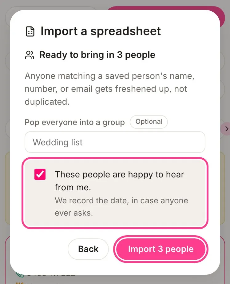 The review step, with the consent box and the Import 3 people button circled