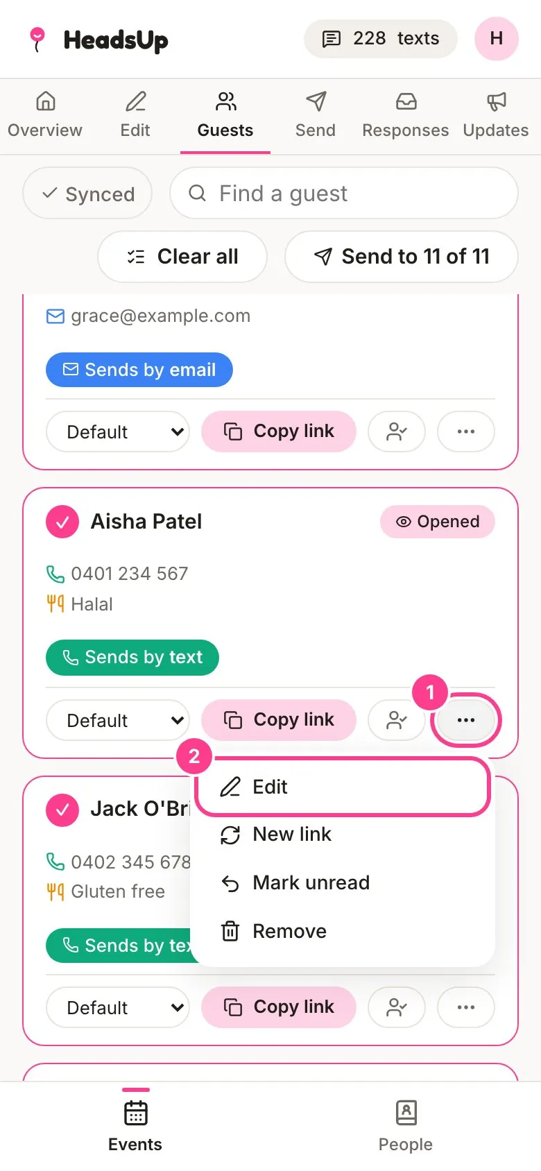A guest’s menu open, with the three-dot button and Edit circled