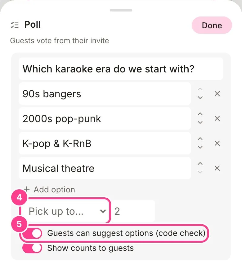 The rest of the Poll sheet, with the how-many picker and the Guests can suggest options switch circled