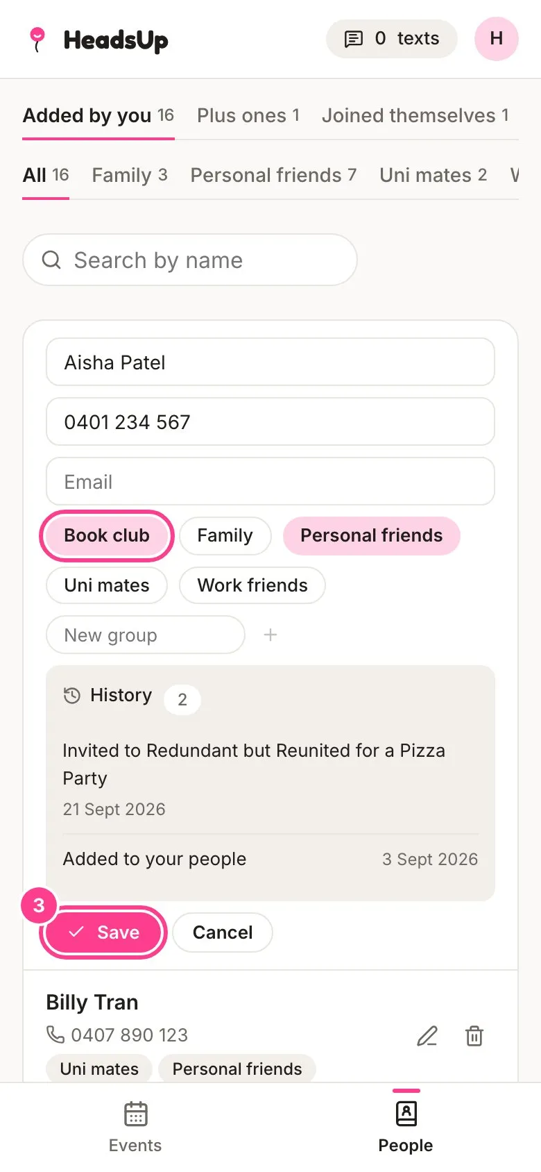 The new Book club group picked for Aisha Patel and the Save button circled