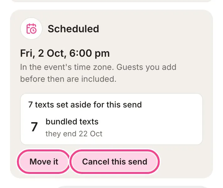 The Scheduled card with Move it and Cancel this send circled