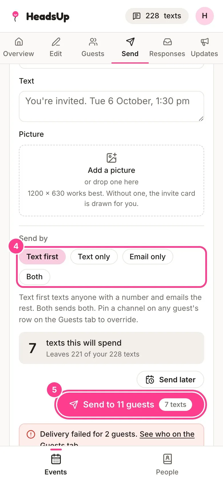 The Send by options and the Send to 11 guests button circled