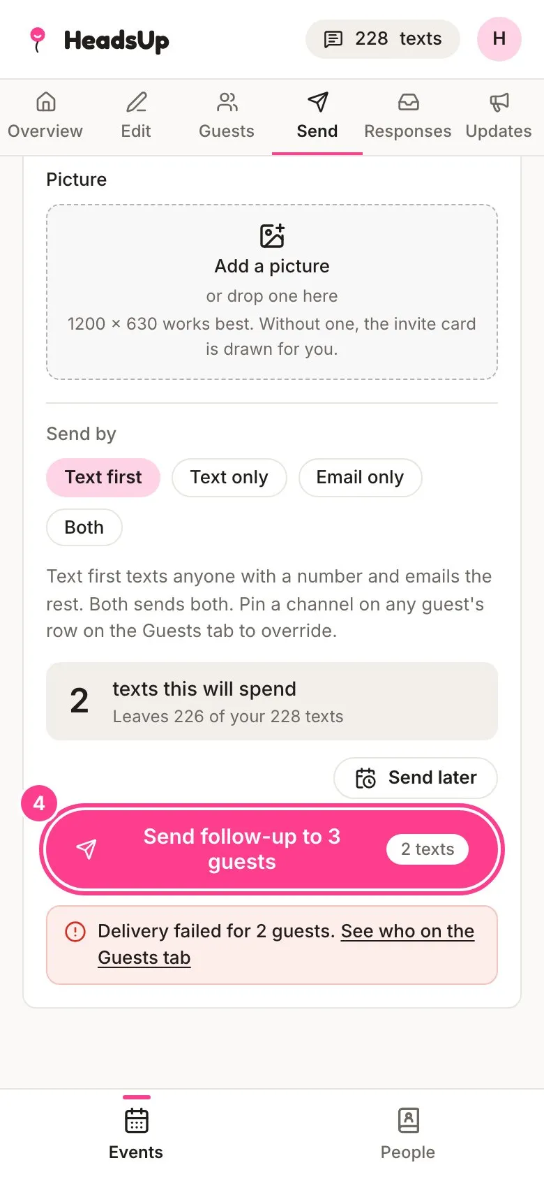 The Send follow-up to 3 guests button circled