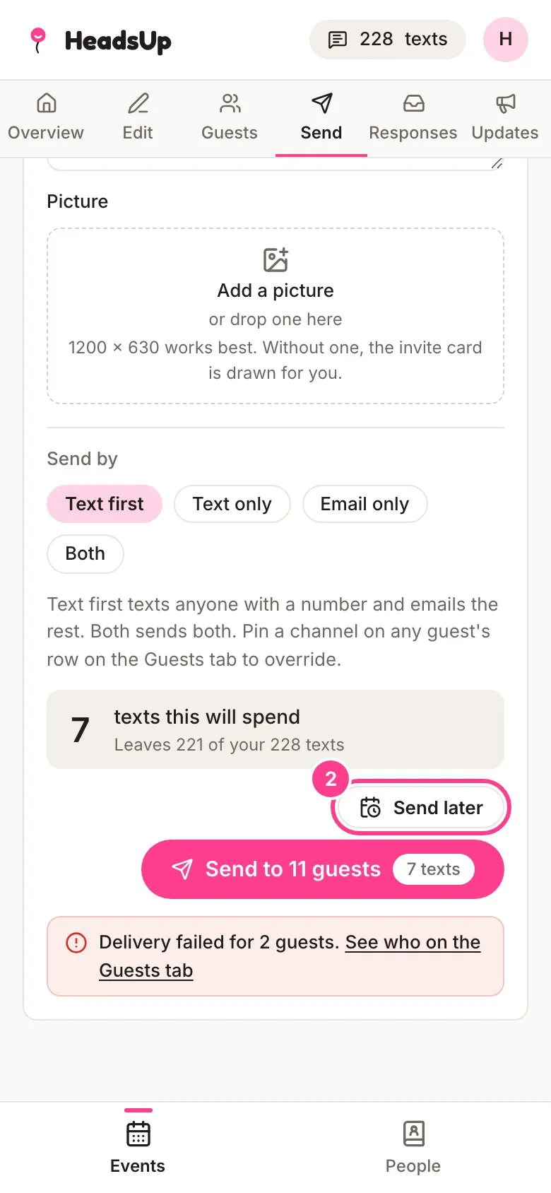 The Send tab with the Send later button circled