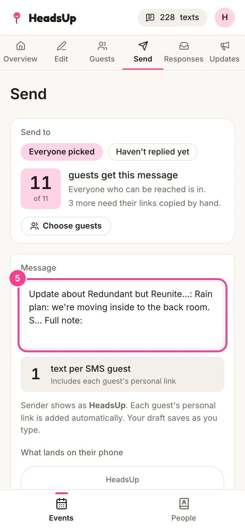 The Send screen with the prefilled update message circled