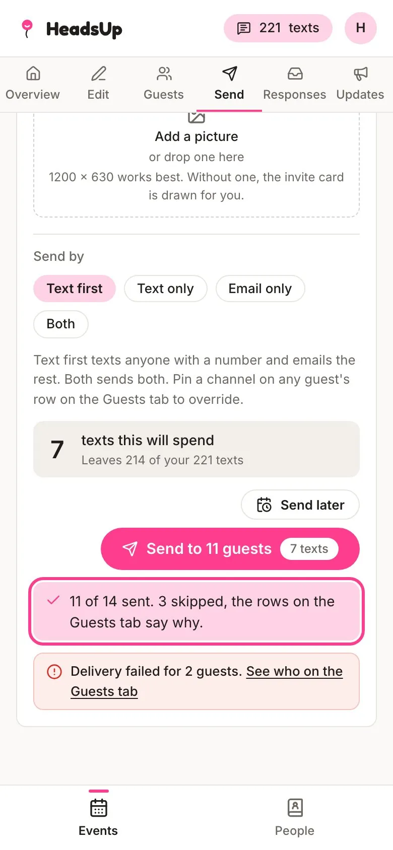 The finished send, showing 11 of 14 sent