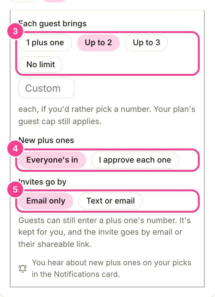 The plus ones settings, with how many each guest brings, approval, and how invites go circled