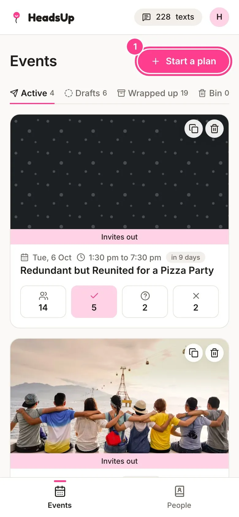 The Events home with the Start a plan button circled