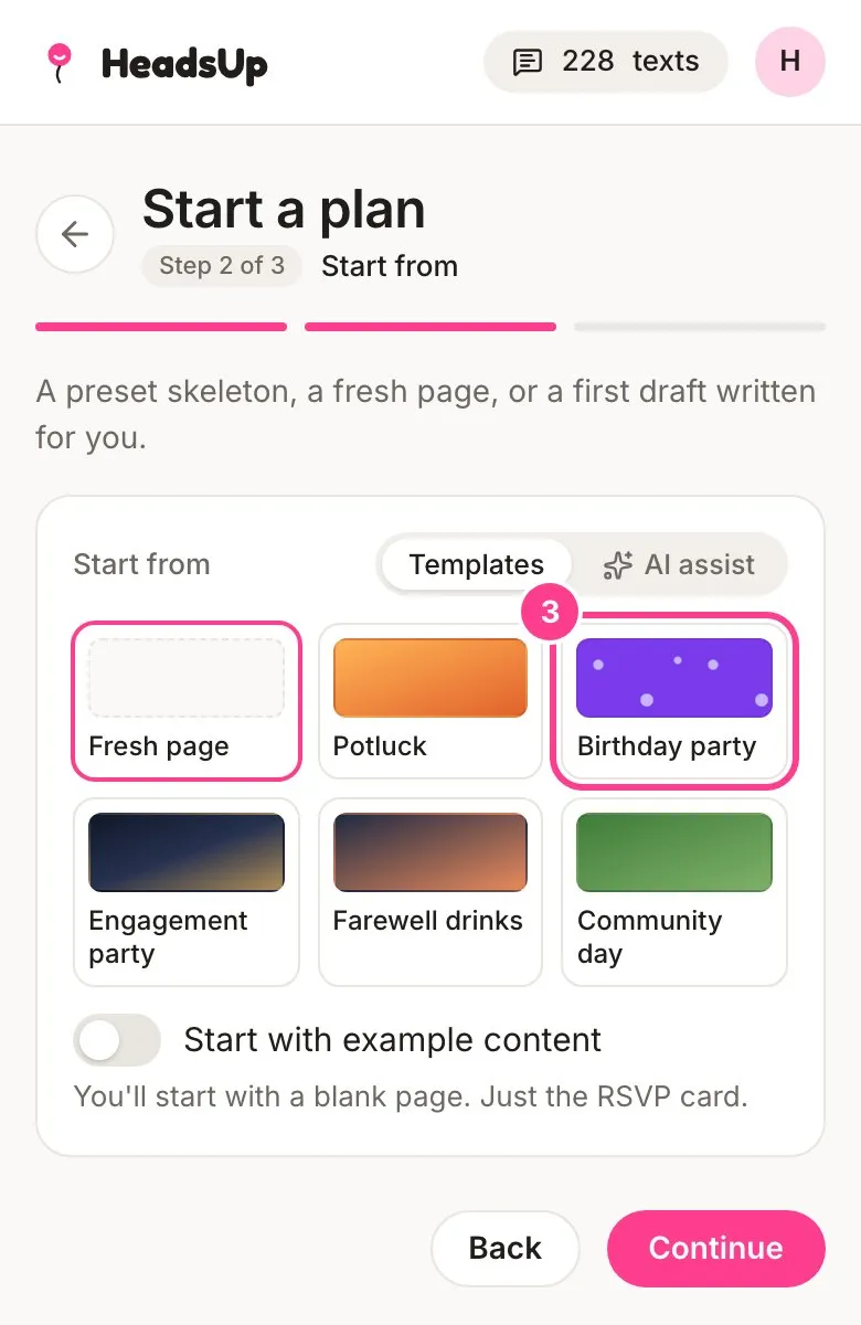 Step 2 of 3, choosing the Birthday party template