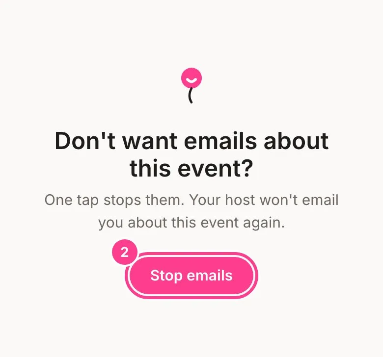 The Don’t want emails about this event page with the Stop emails button circled