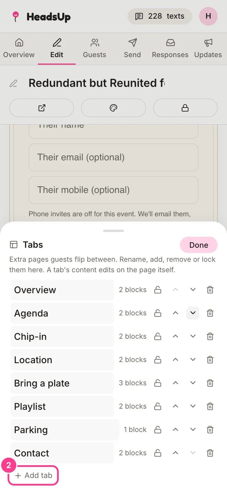The Tabs panel with the Add tab button circled