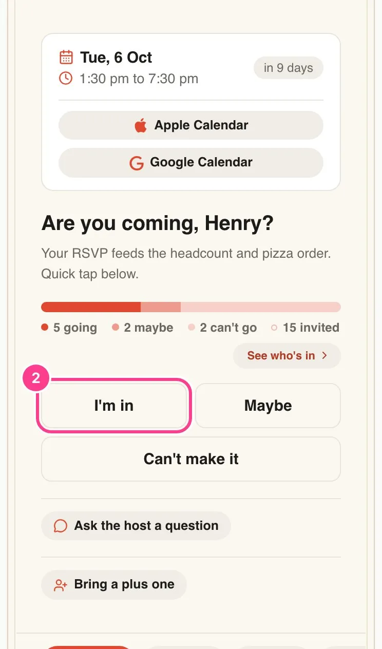 The reply card with the I’m in button circled