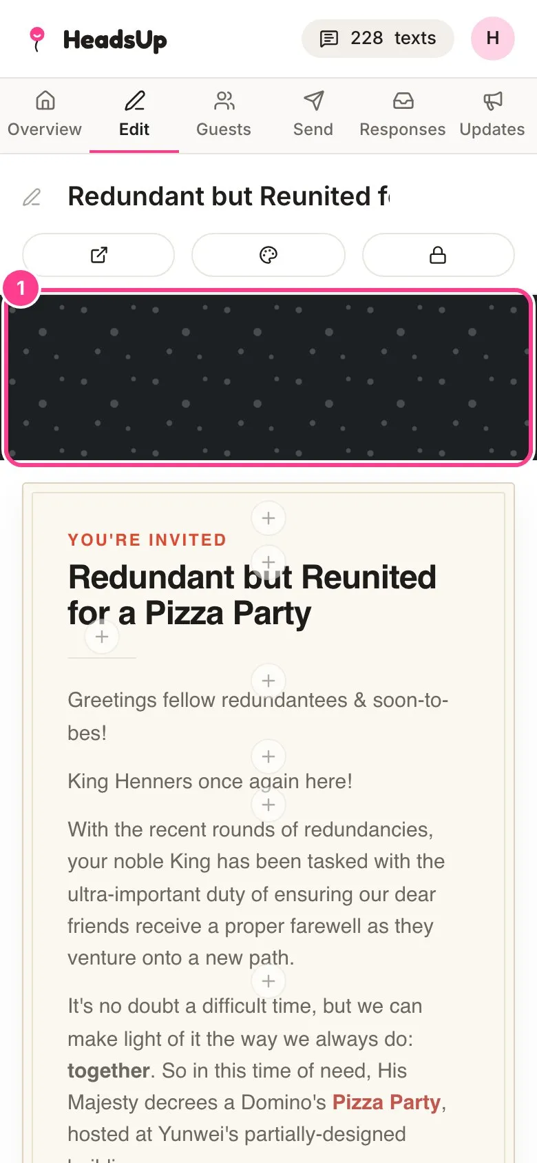The editor with the cover band at the top of the invite circled