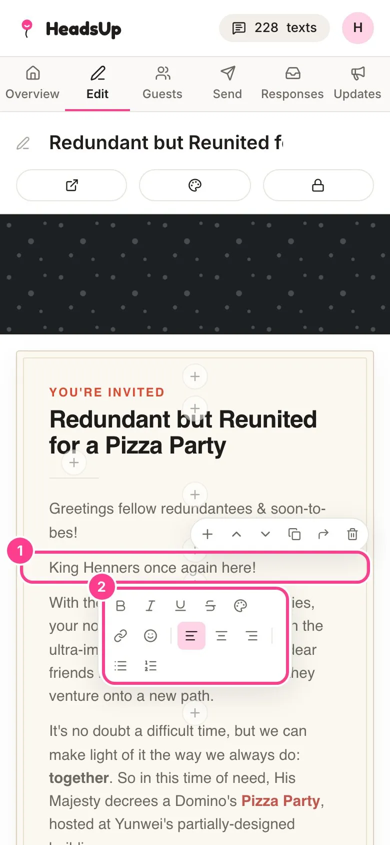 The editor with a paragraph selected, the block outlined as 1 and the formatting bar circled as 2