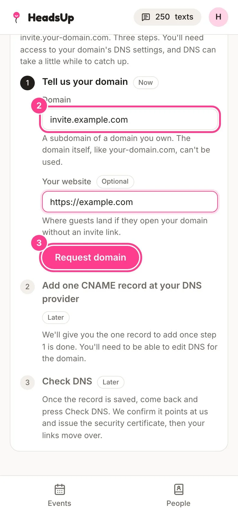 Step 1 of the Custom domain card with invite.example.com typed in the Domain field and the Request domain button, both circled