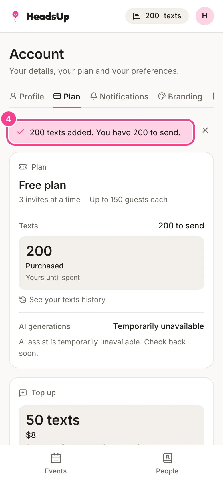 Back on the Plan tab with the note 200 texts added circled, and 200 purchased texts in the balance