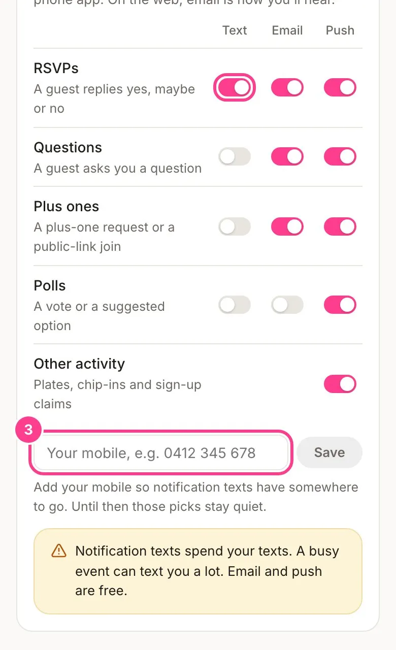 Text notifications for RSVPs turned on, with the mobile number box circled and the note that notification texts spend your texts