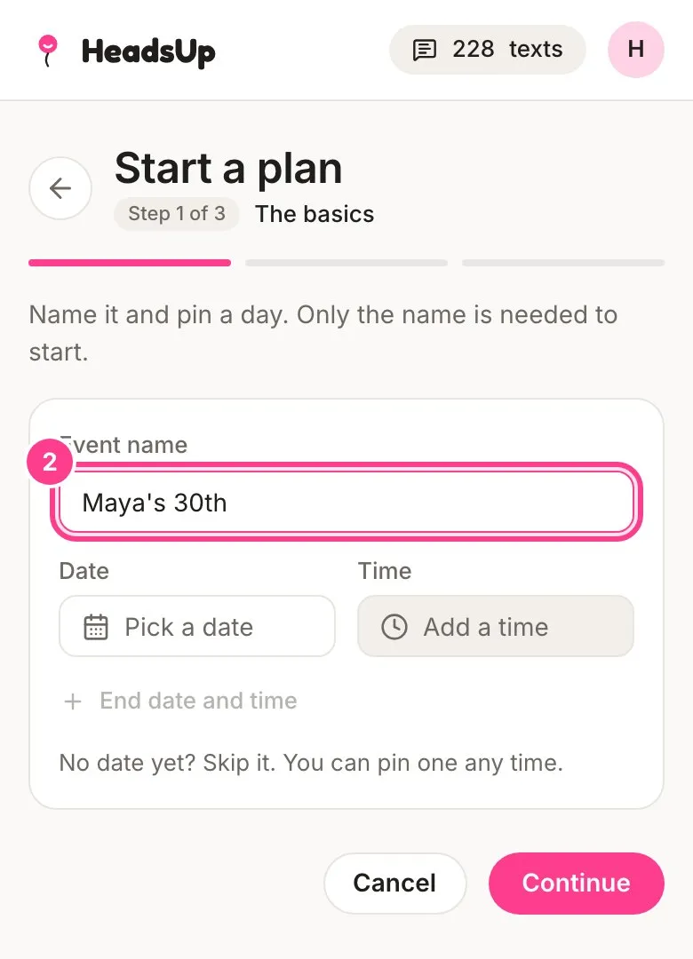 Step 1 of 3, with the event name filled in