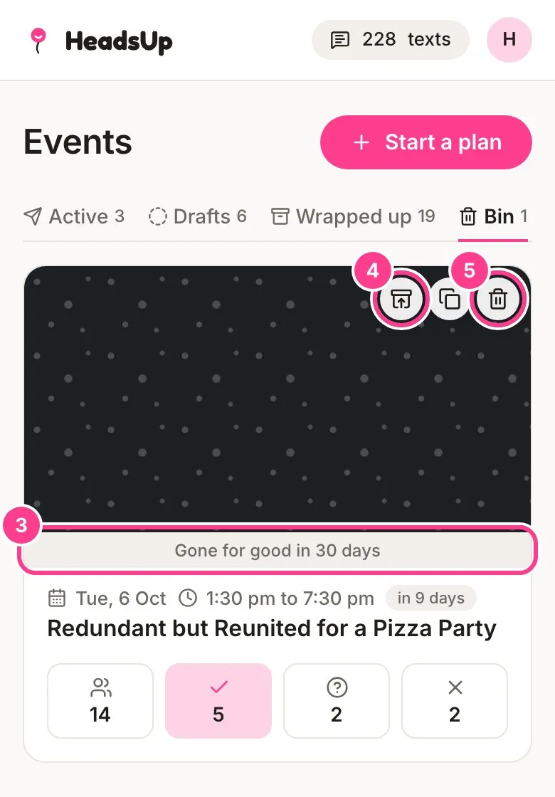 The Bin tab with the countdown, the restore button and the delete forever button circled