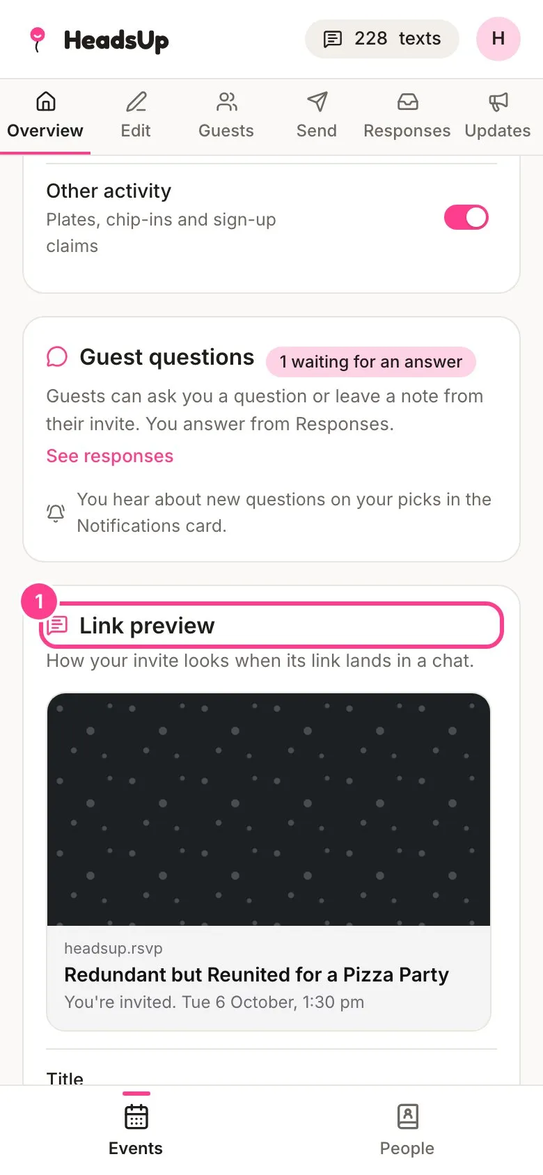 The event Overview with the Link preview card heading circled