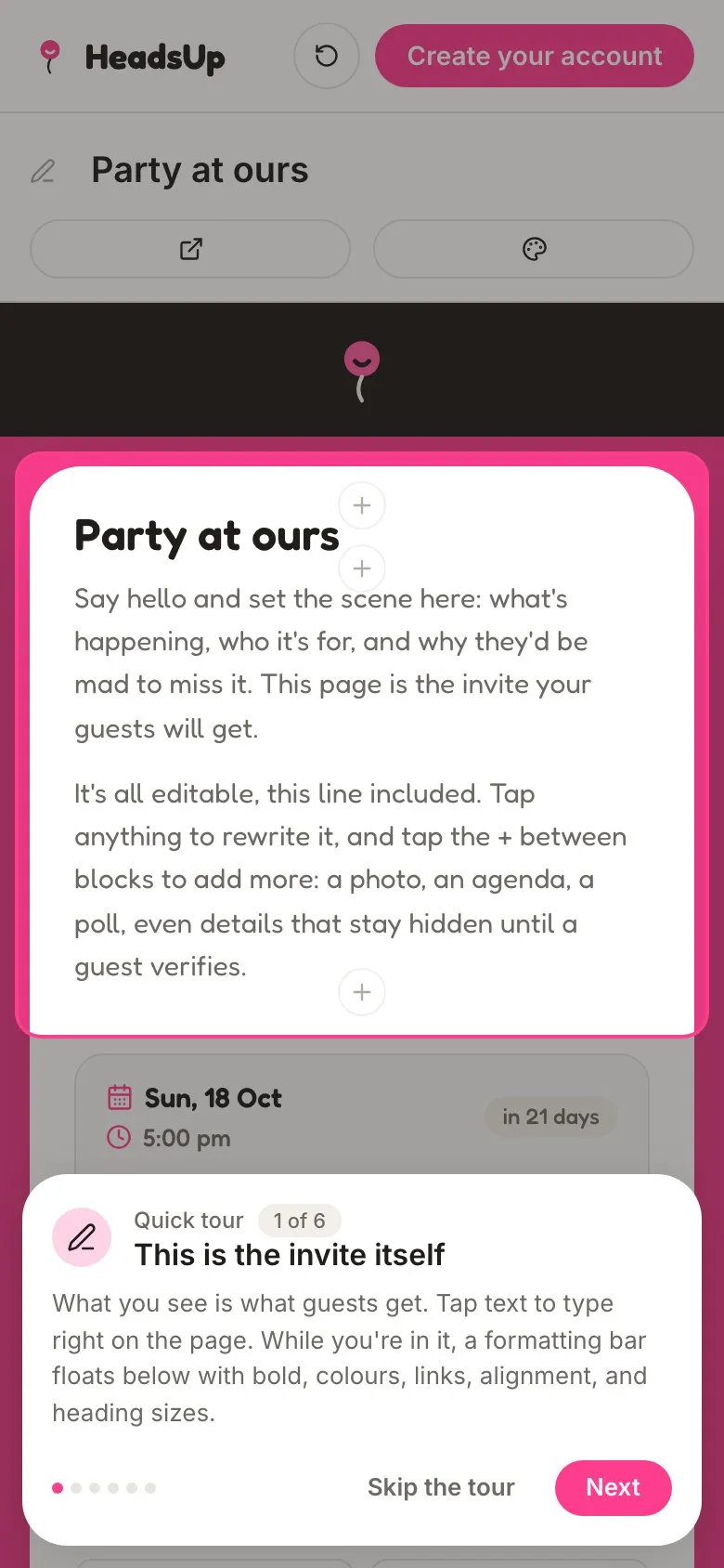 The playground’s sample invite with the first card of the quick tour showing