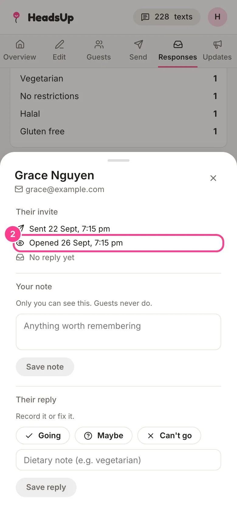 A guest’s details with the Opened line circled