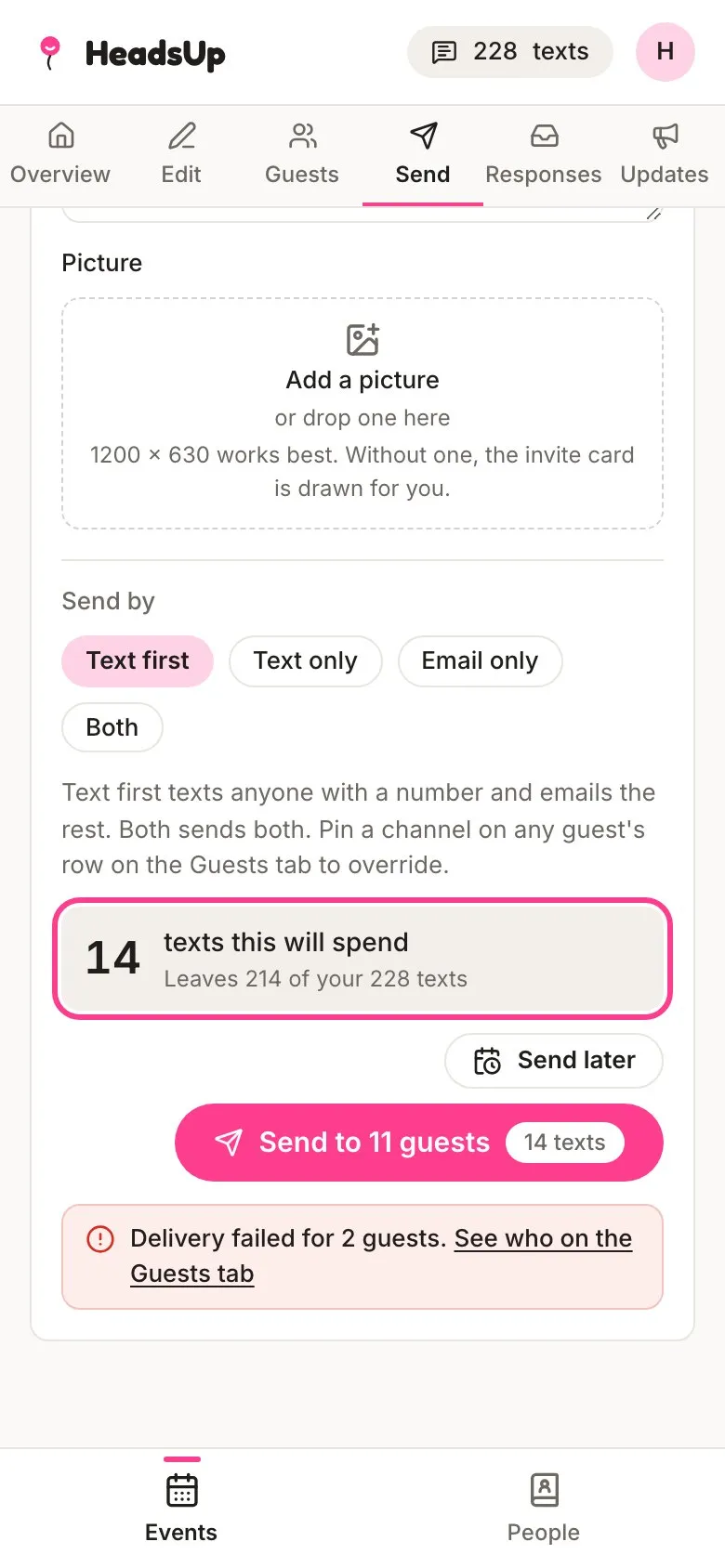 The Send tab showing 14 texts this will spend, circled
