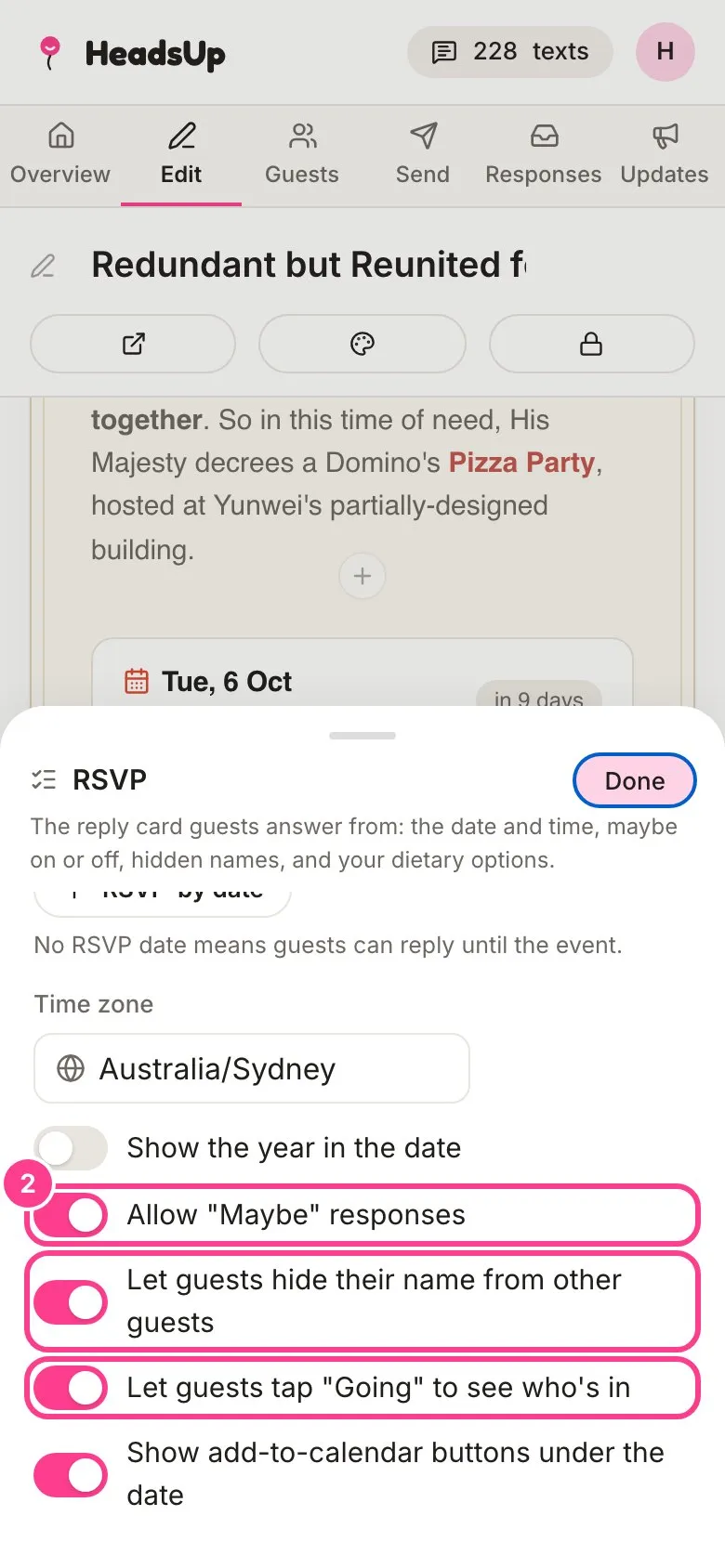The RSVP panel with the Maybe, hide name and Going list switches circled